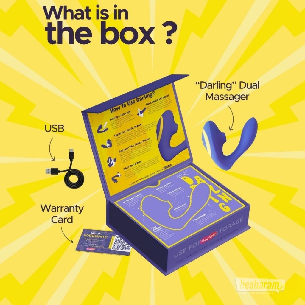 Darling Premium Dual Massager box contents including toy, USB charging cable, and warranty card
