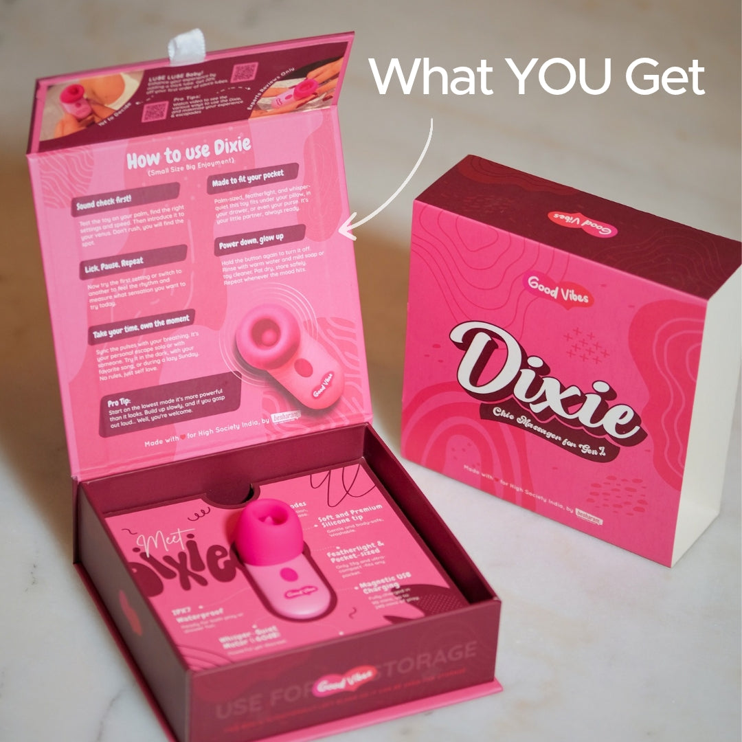 Dixie Gen Z Flicking Massager packaging opened to show product and box contents