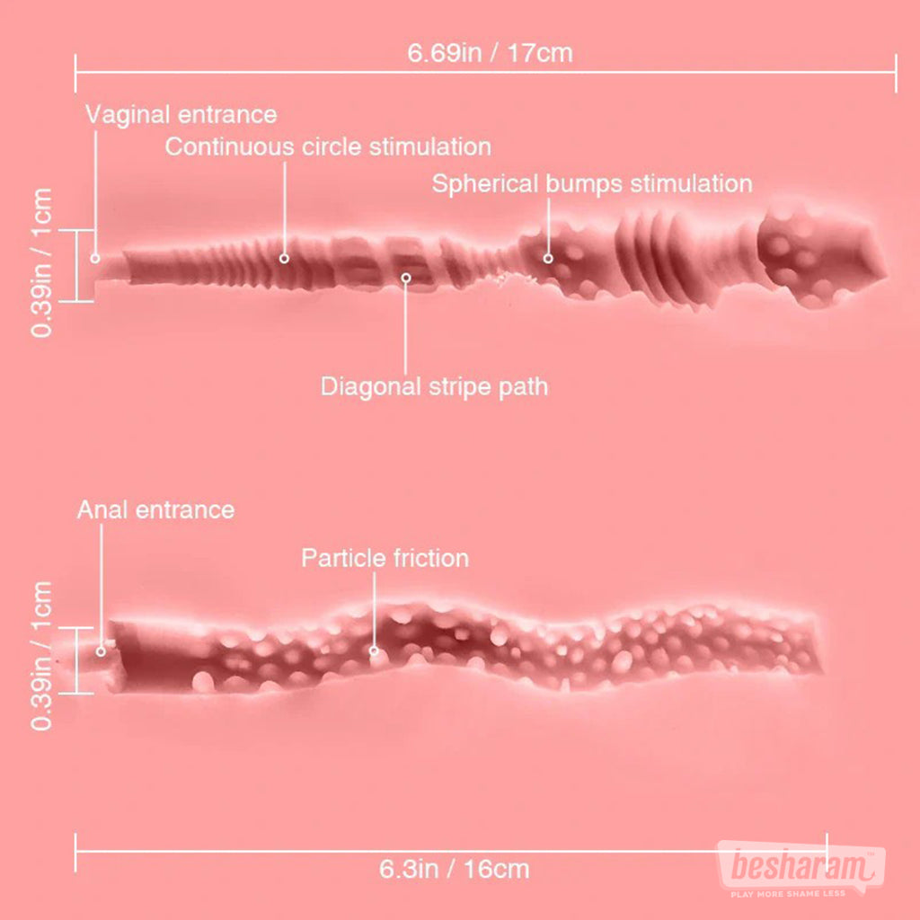 Internal cross-section diagram showing the vaginal and anal tunnel textures of the realistic torso doll, highlighting spiral ridges, bumps, and particle stimulation zones.