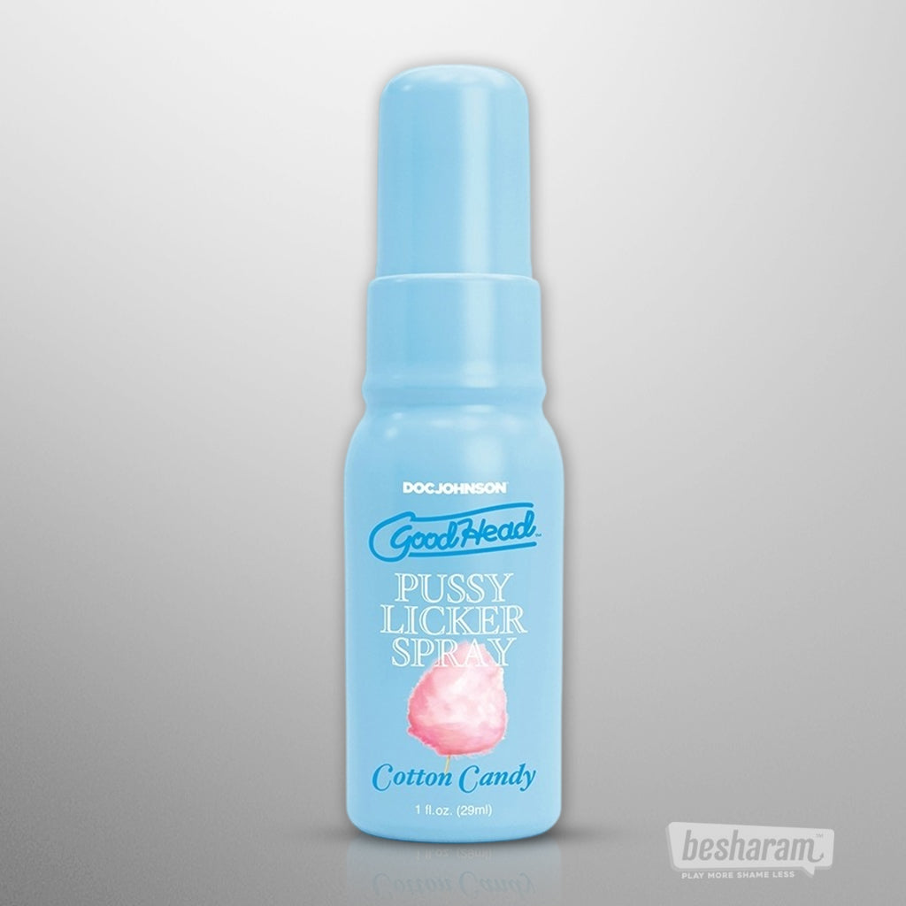 GoodHead Pussy Licker Spray cotton candy flavor bottle, 1 fl oz oral sex spray by Doc Johnson, sweet flavored intimate spray for enhanced oral experience