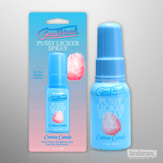 Good Head Pussy Licker Spray cotton candy flavor by Doc Johnson, oral sex enhancing spray shown with retail packaging, flavored intimate spray for oral pleasure