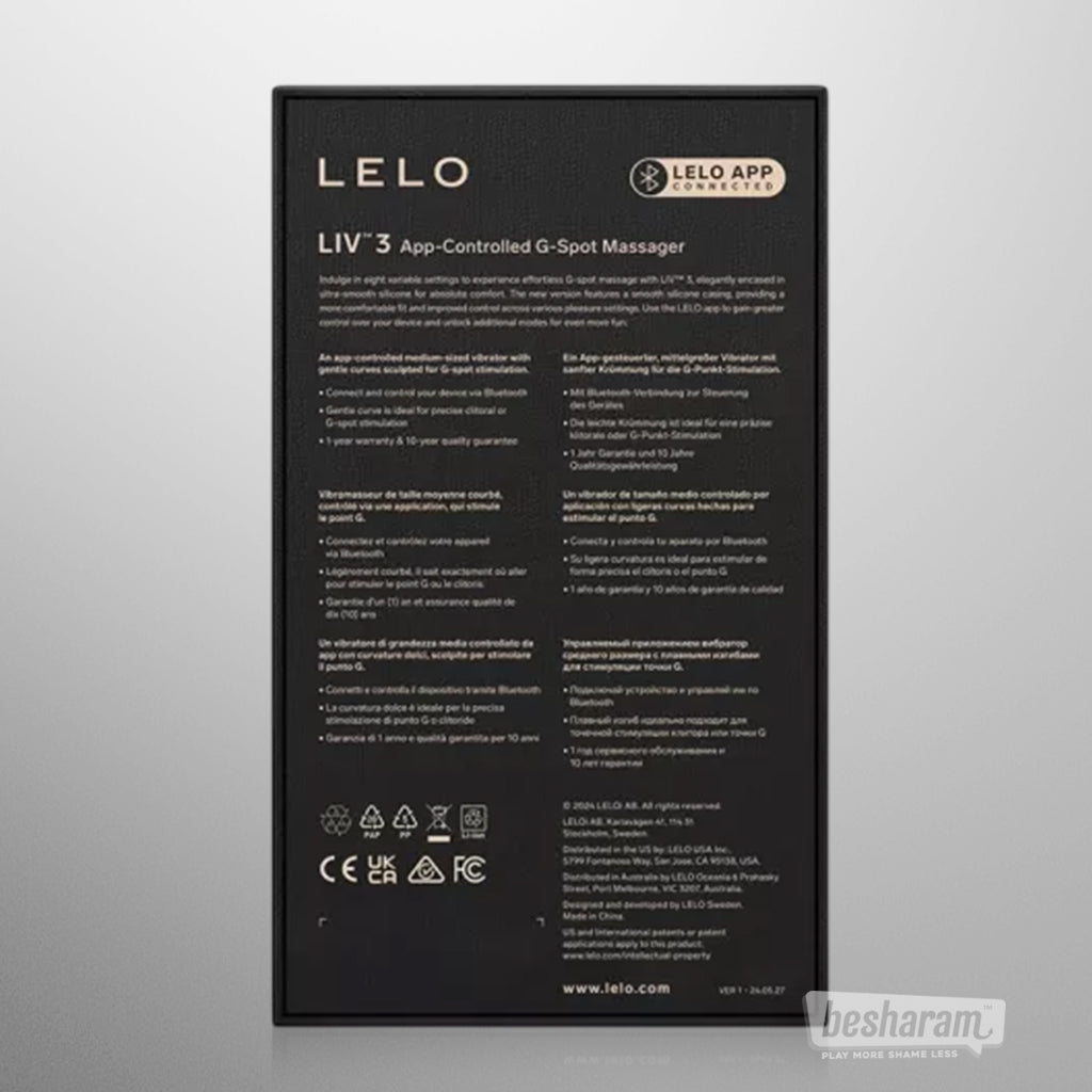LELO LIV 3 app controlled G spot massager retail box back view, Bluetooth connected smart vibrator packaging with product features and specifications