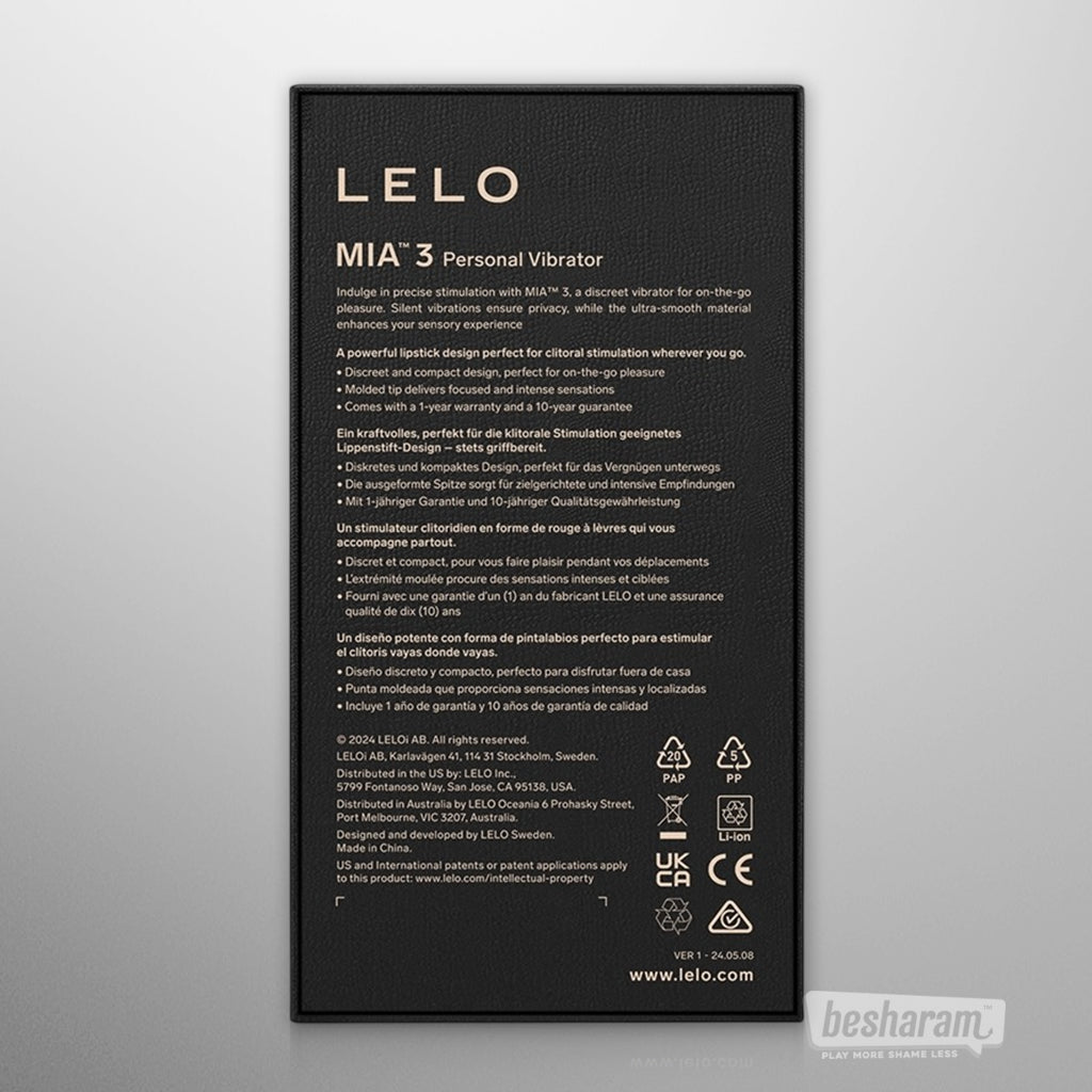 LELO Mia 3 personal vibrator retail box back view, product features and specifications for rechargeable silicone vibrator