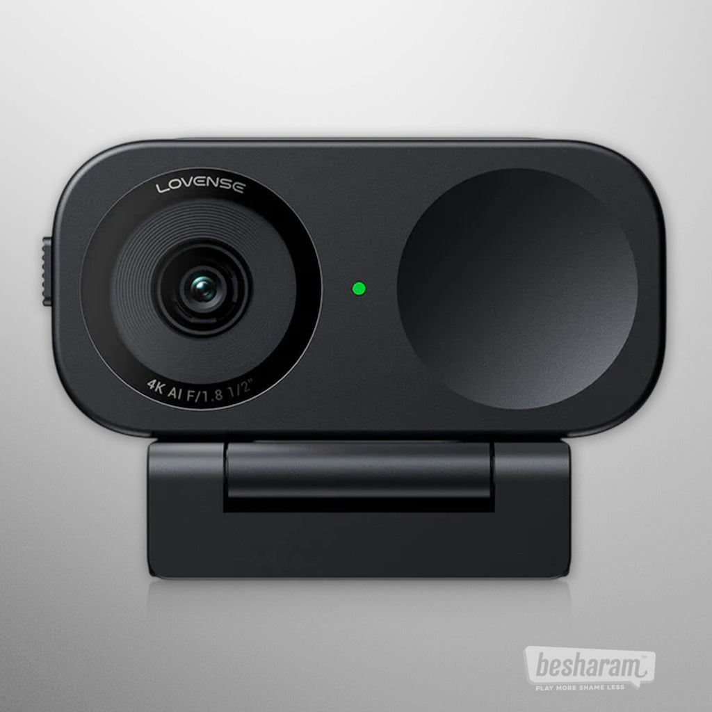 Front view of the Lovense AI Webcam 2 with camera lens and privacy cover