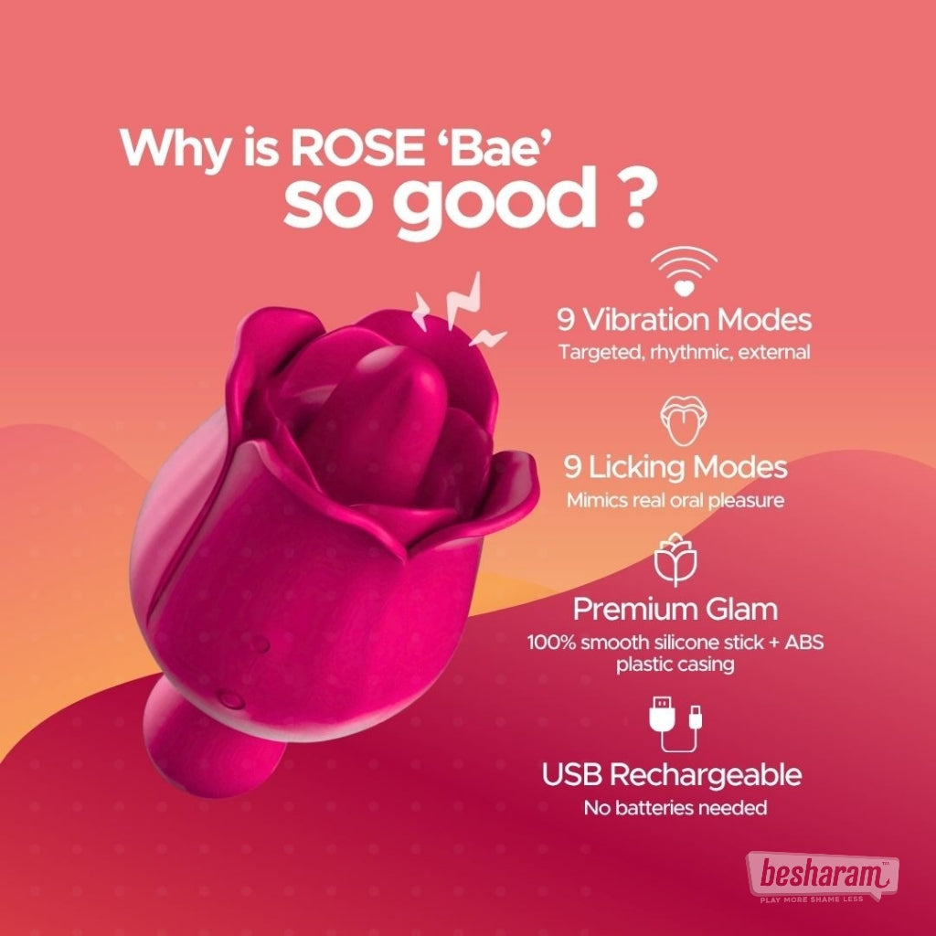 Rose-Bae Flicking Massager feature highlights with vibration modes, licking modes, premium silicone, and USB rechargeability