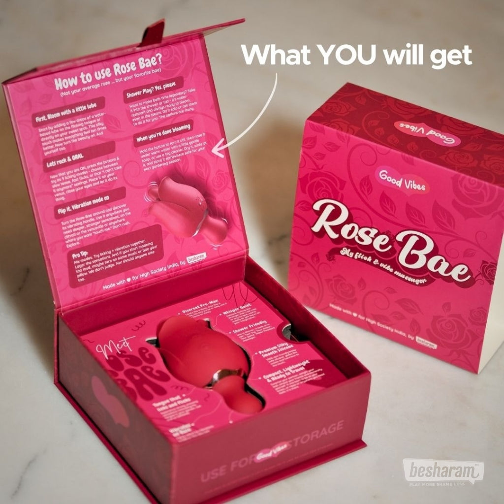 Rose-Bae Flicking Massager packaging opened to show product and box contents