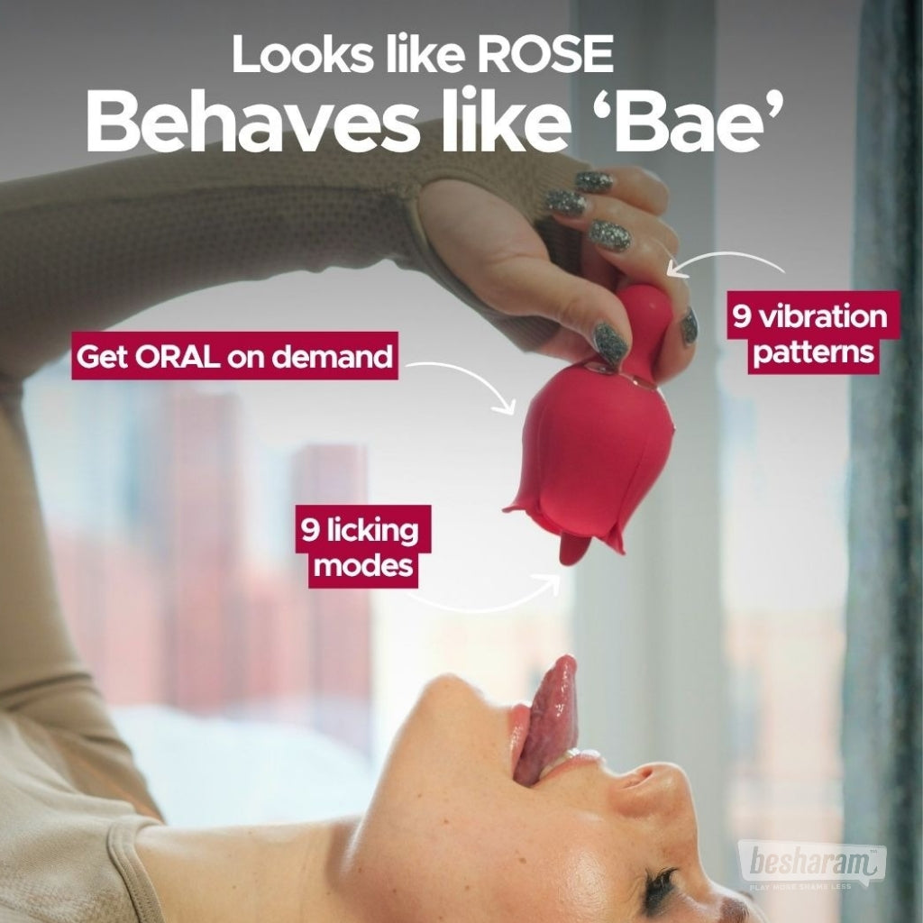 Rose-Bae Flicking Massager shown in lifestyle setting highlighting oral-like licking and vibration modes