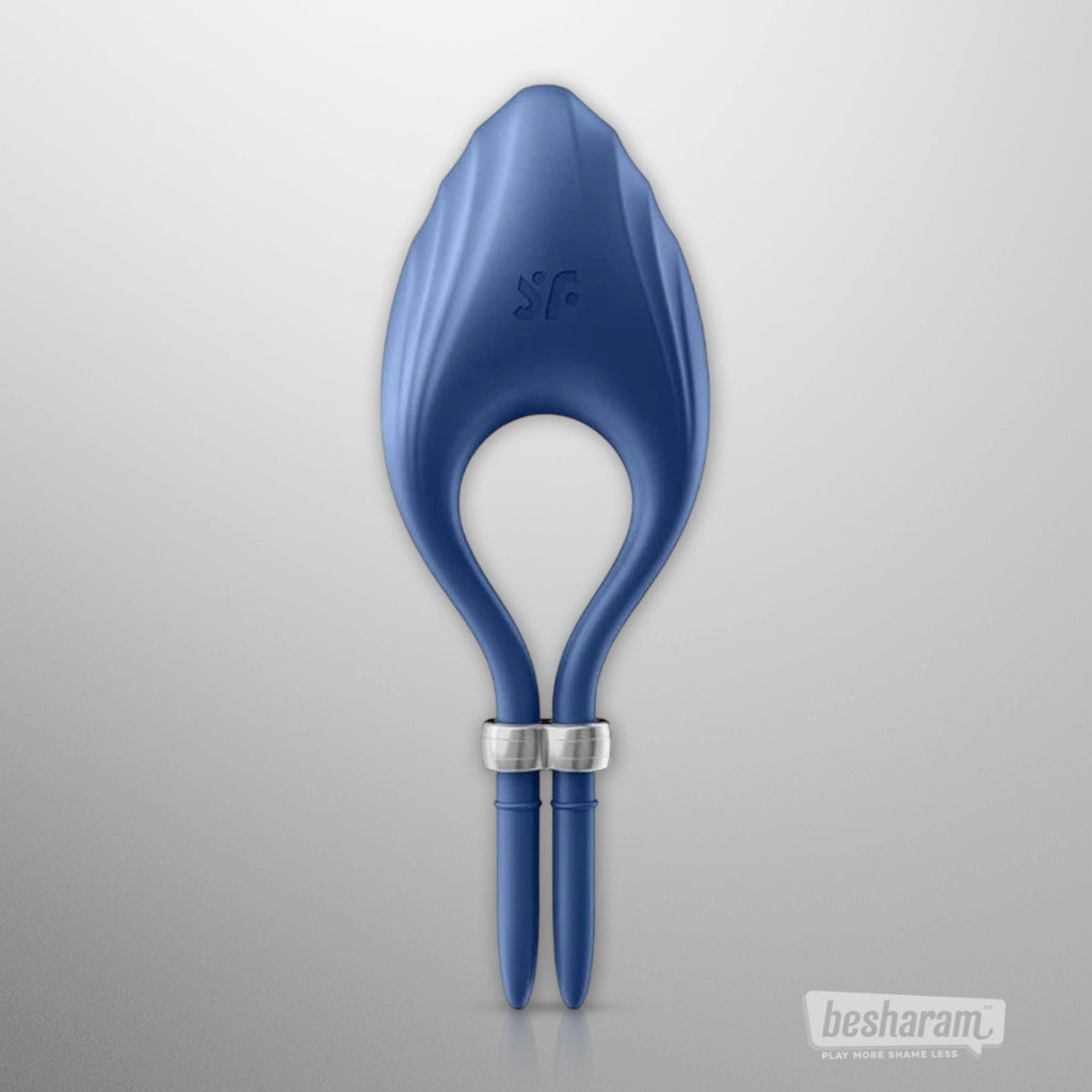 Back view of the Satisfyer Duelist Adjustable Cock Ring in blue silicone