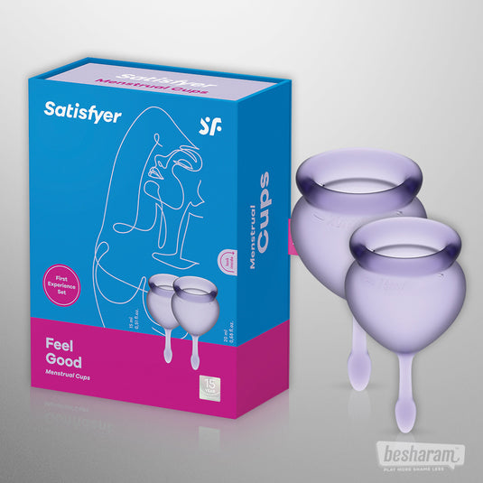 Satisfyer Feel Good Menstrual Cup with retail box packaging and two lavender cups