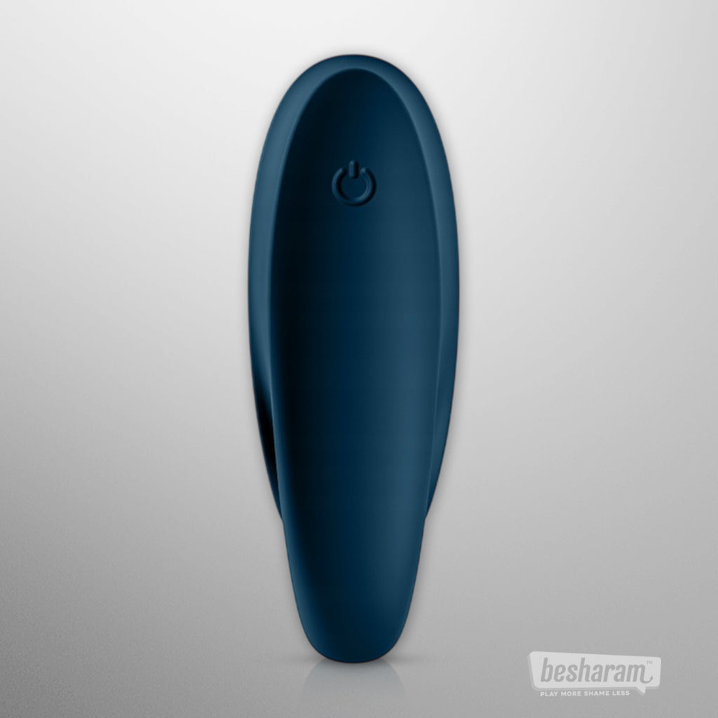 Satisfyer Incredible Duo Vibrating Cock Ring button view in blue body-safe silicone