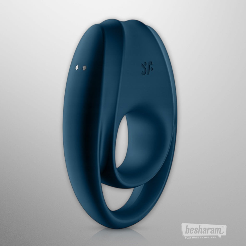 Satisfyer Incredible Duo Vibrating Cock Ring showing magnetic charging points and dual ring design