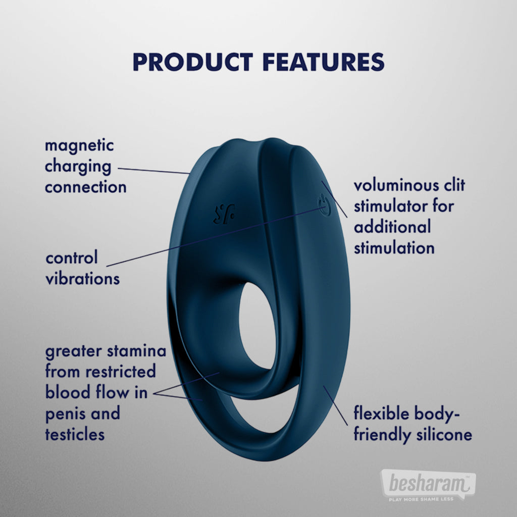 Satisfyer Incredible Duo Vibrating Cock Ring product features with magnetic charging, flexible silicone, and clitoral stimulation