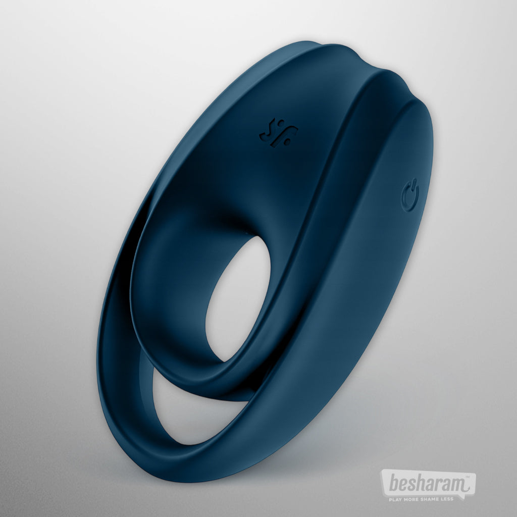 Satisfyer Incredible Duo Vibrating Cock Ring side view in blue silicone