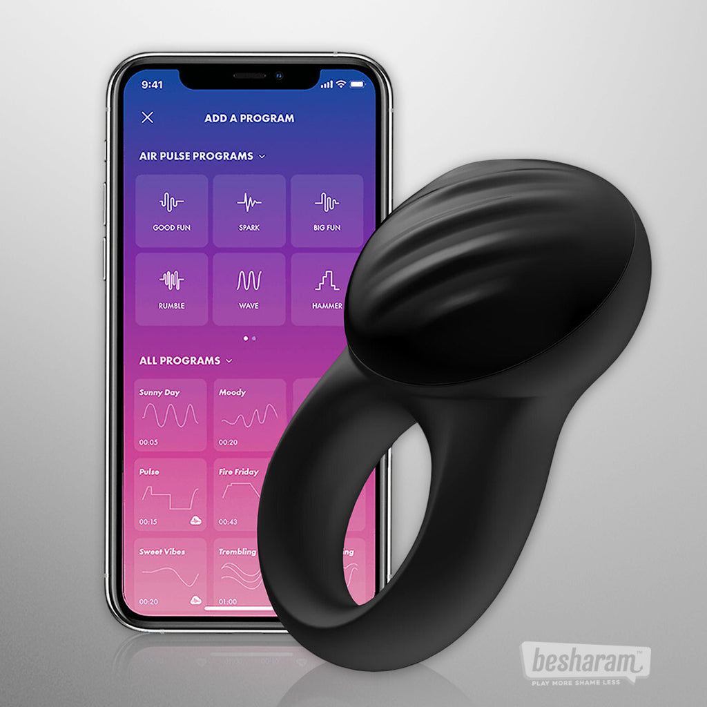 Satisfyer Signet App-Controlled Cock Ring displayed with mobile app control screen
