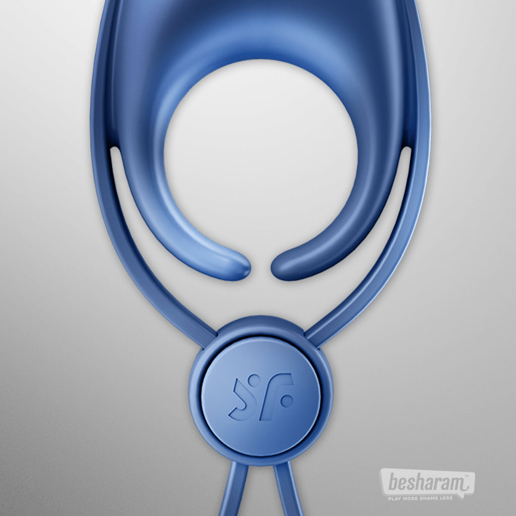Close-up detail view of the Satisfyer Sniper Adjustable Cock Ring in blue silicone
