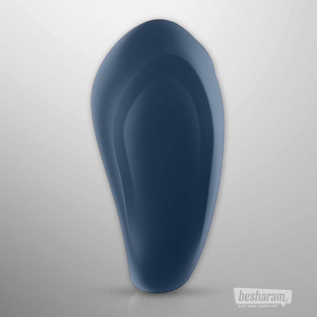 Satisfyer Strong One app controlled cock ring side view in blue body-safe silicone