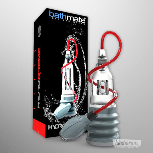 Bathmate Hydroxtreme 3 water-based penis pump shown with original packaging and hand pump attached