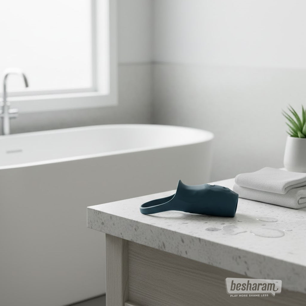 Boners vibrating penis sleeve displayed on bathroom counter near bathtub and towels