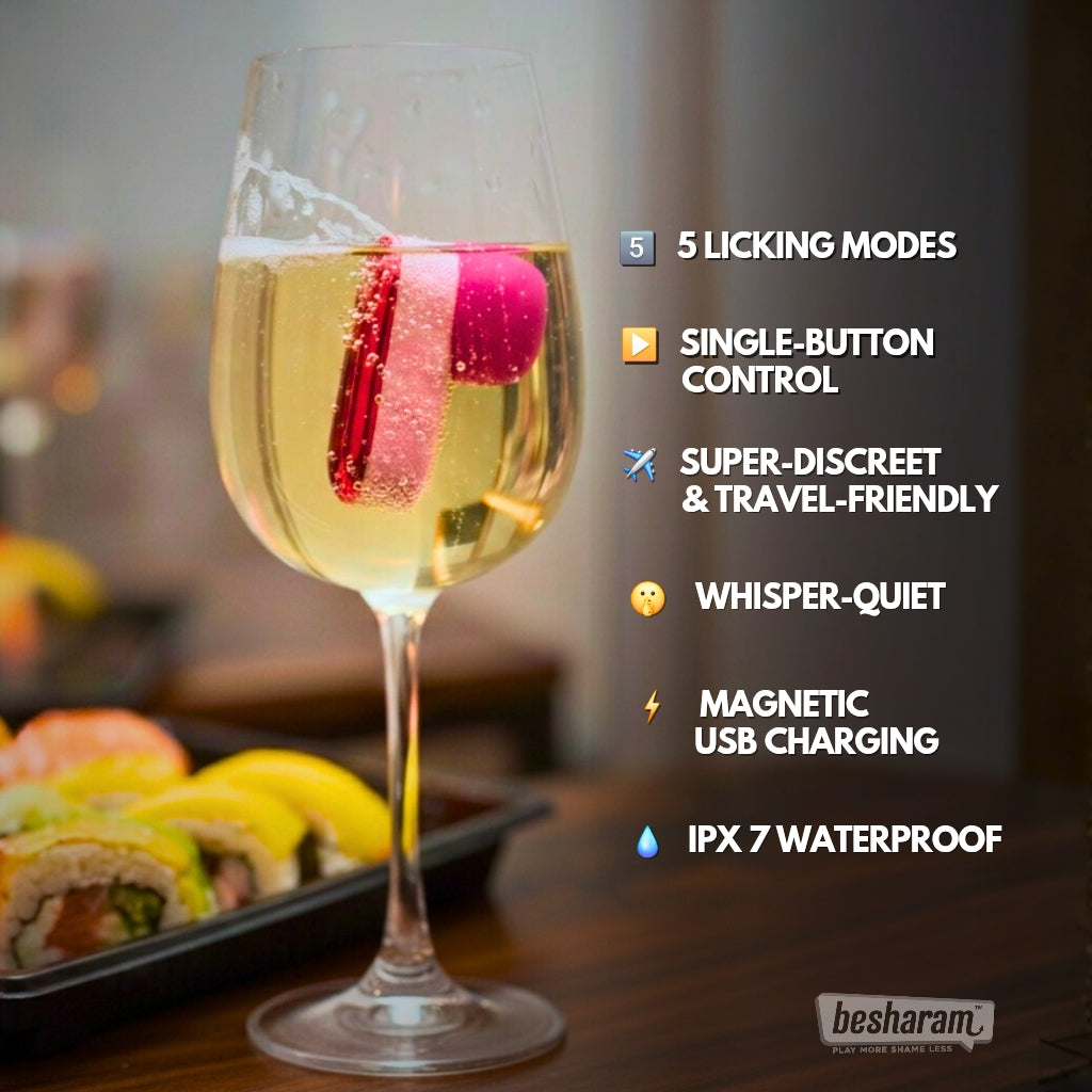 Dixie flicking massager placed in water showcasing five licking modes, whisper quiet use, magnetic USB charging, and IPX7 waterproof rating