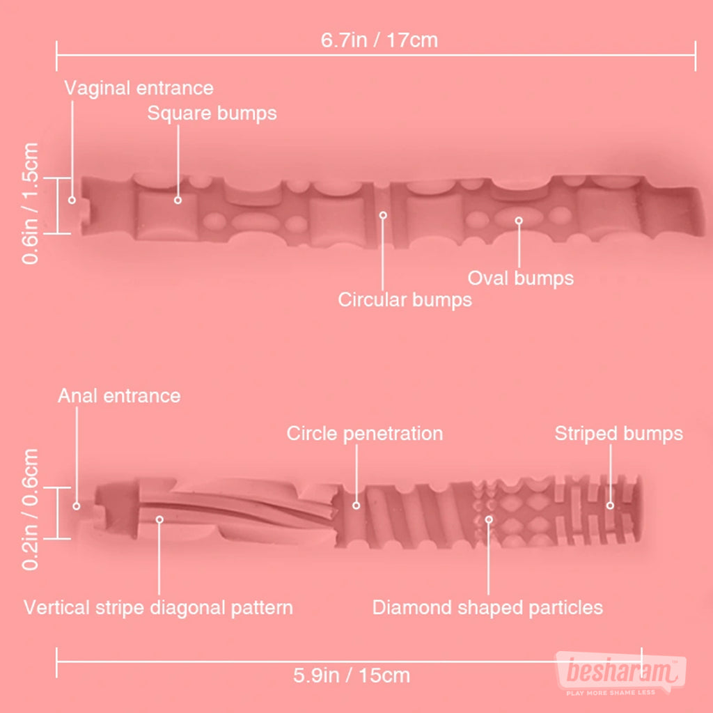 Internal texture diagram showing vaginal and anal tunnel patterns and stimulation zones.