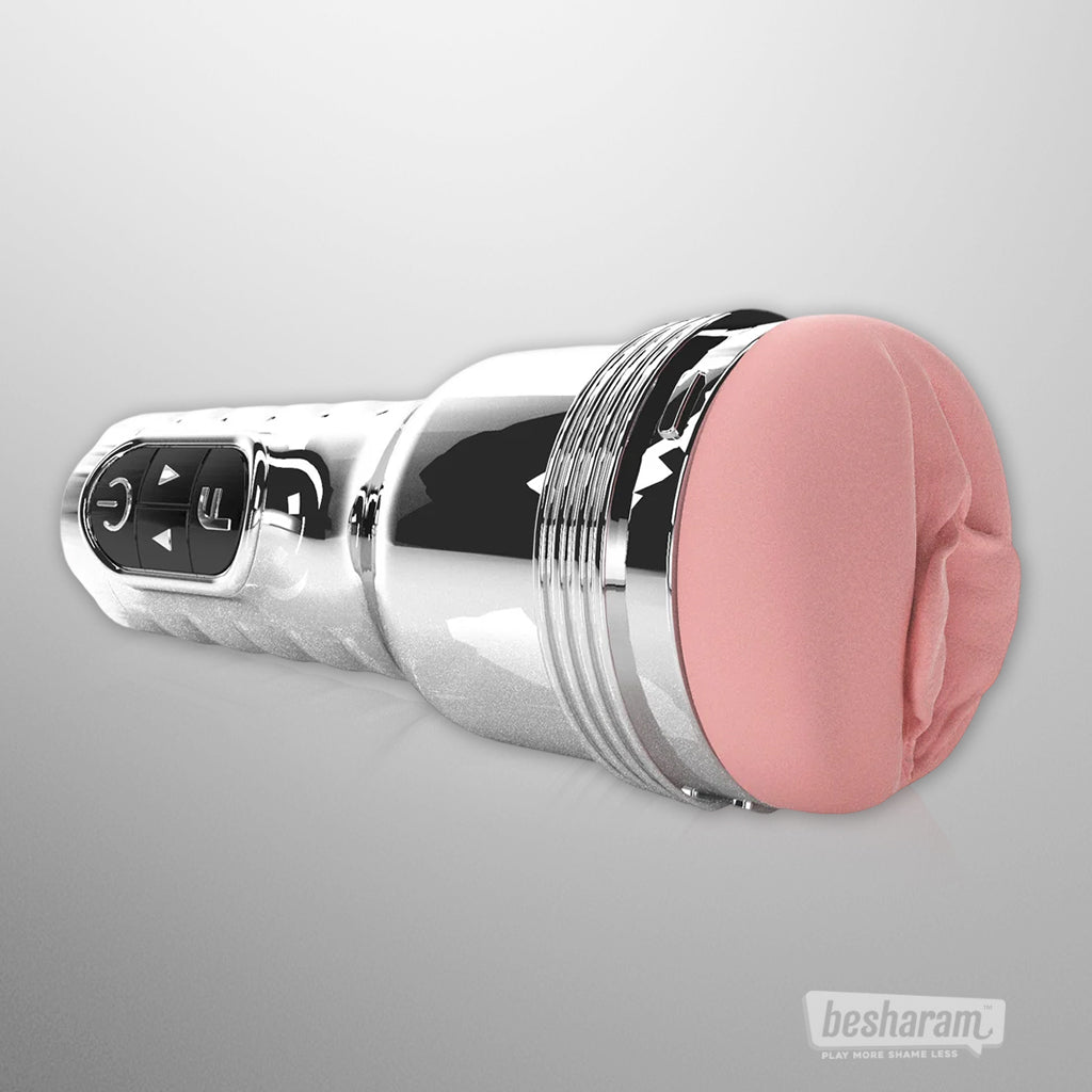 Side angle view of Fleshlight Quiver automatic vibrating masturbator with soft sleeve texture