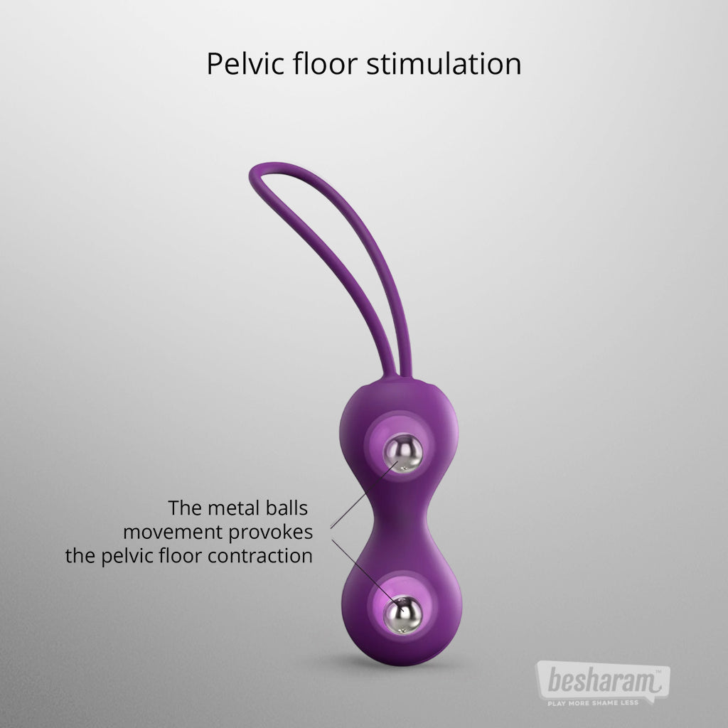 Purple silicone kegel balls with internal metal balls, pelvic floor stimulation design showing weighted core movement