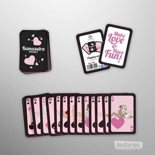 Kamasutra Pocket playing cards set with full deck and playful illustrated cards displayed