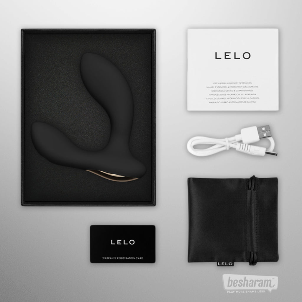 LELO Hugo 2 packaging with charging cable storage pouch user manual and warranty card