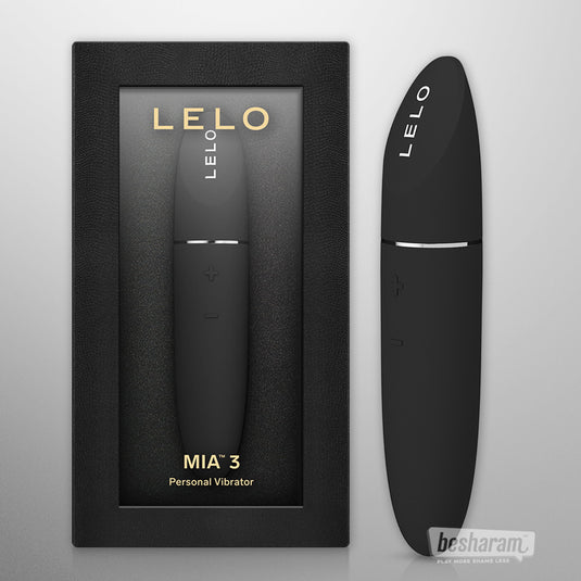 LELO MIA 3 black personal vibrator shown next to its retail box on a neutral background