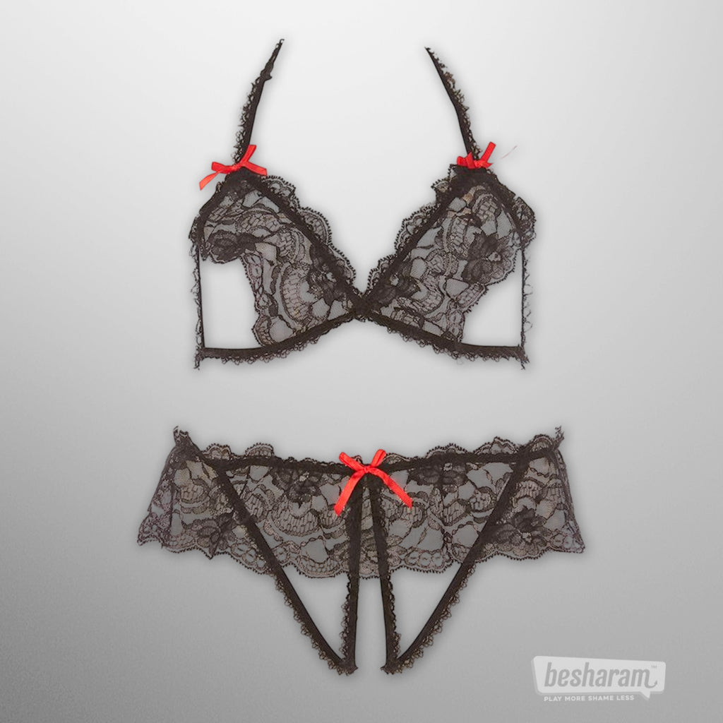 Rene Rofe Lace Peek A Boo Bra & Crotchless Panty Set