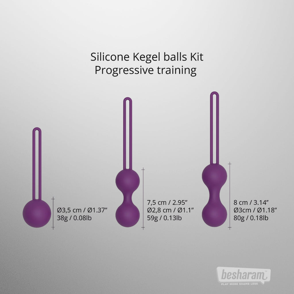 Progressive Kegel training kit showing three sizes and weights for pelvic floor strengthening.