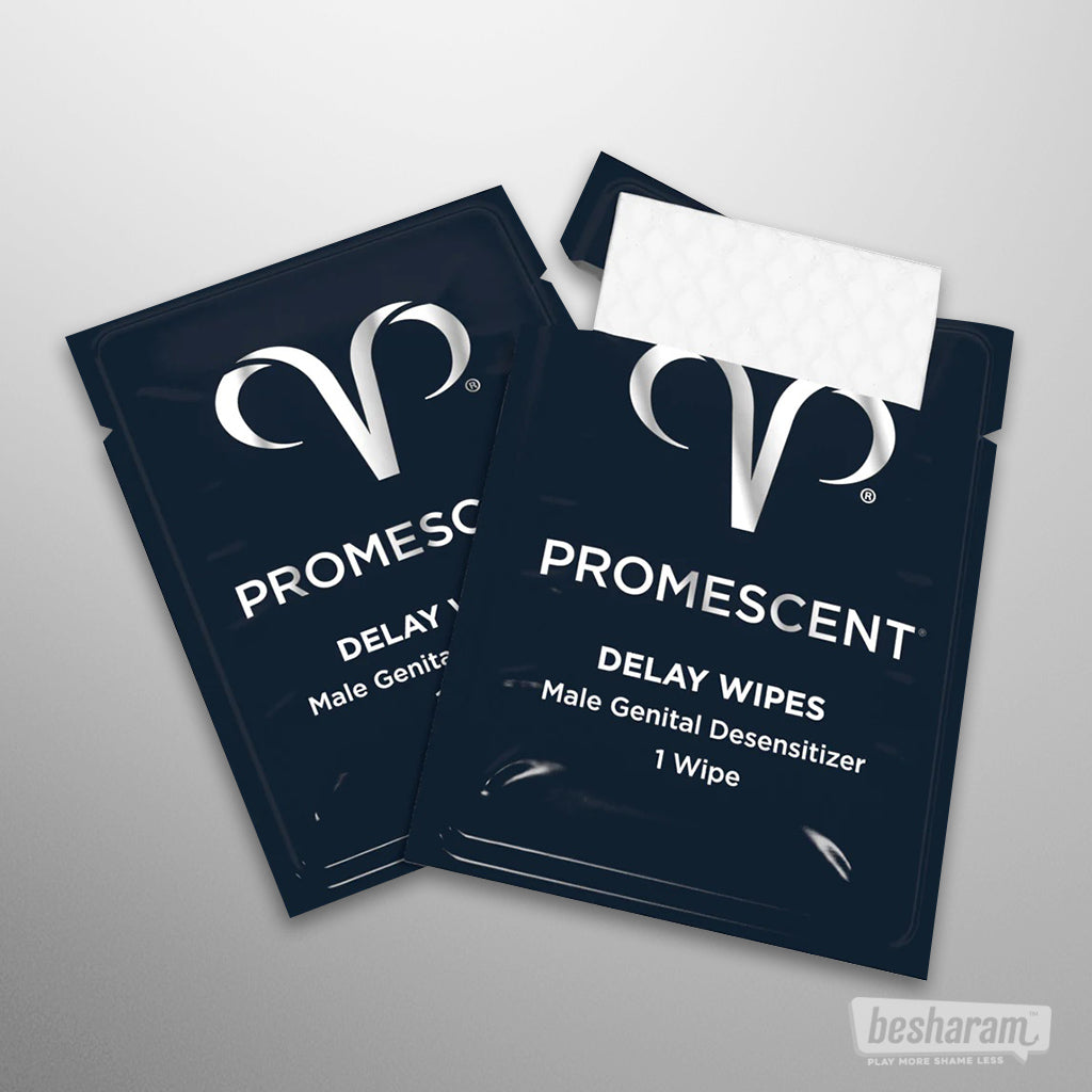 Promescent delay wipes sachets displayed together showing male genital desensitizer wipes