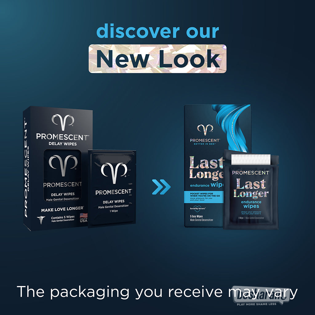 Graphic showing Promescent Delay Wipes packaging updated to Last Longer endurance wipes, with “packaging may vary” note.