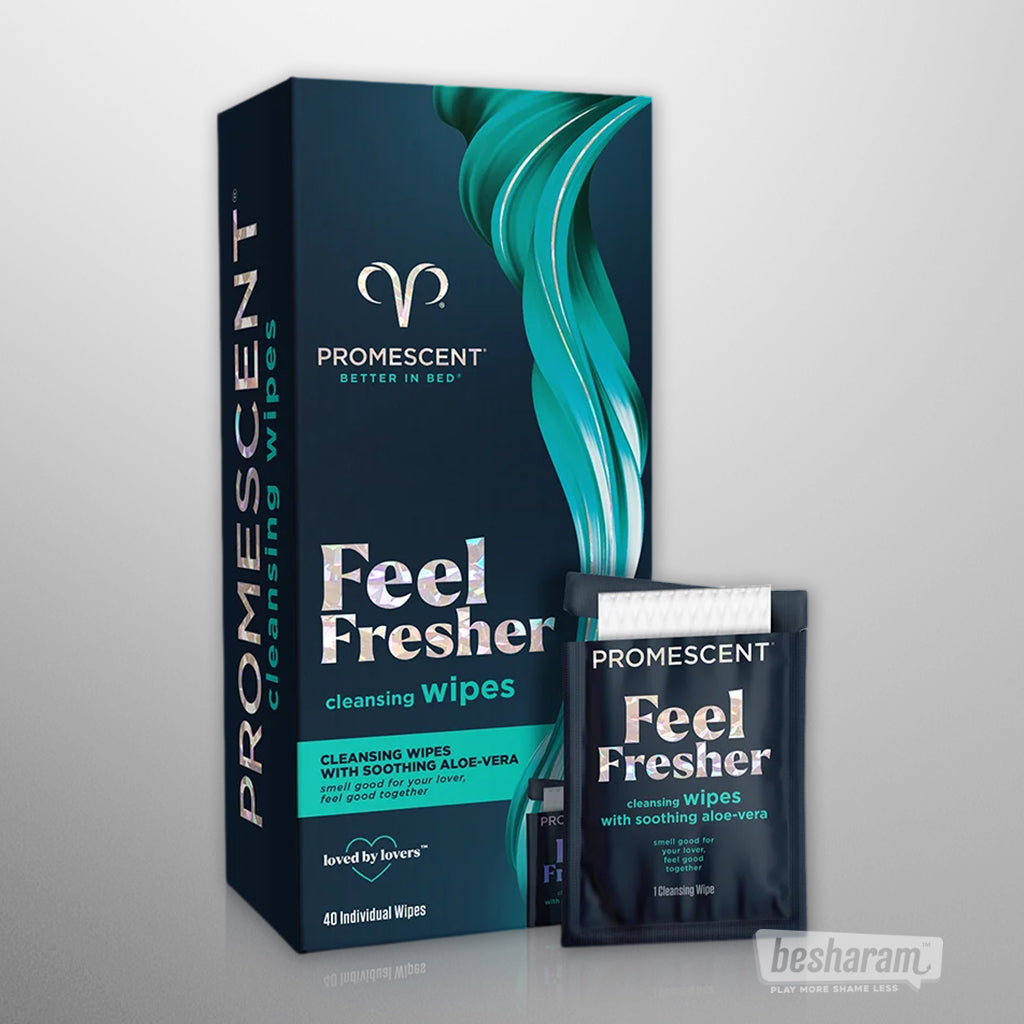 Promescent Feel Fresher cleansing wipes box (40 individual wipes) with a single sachet in front.