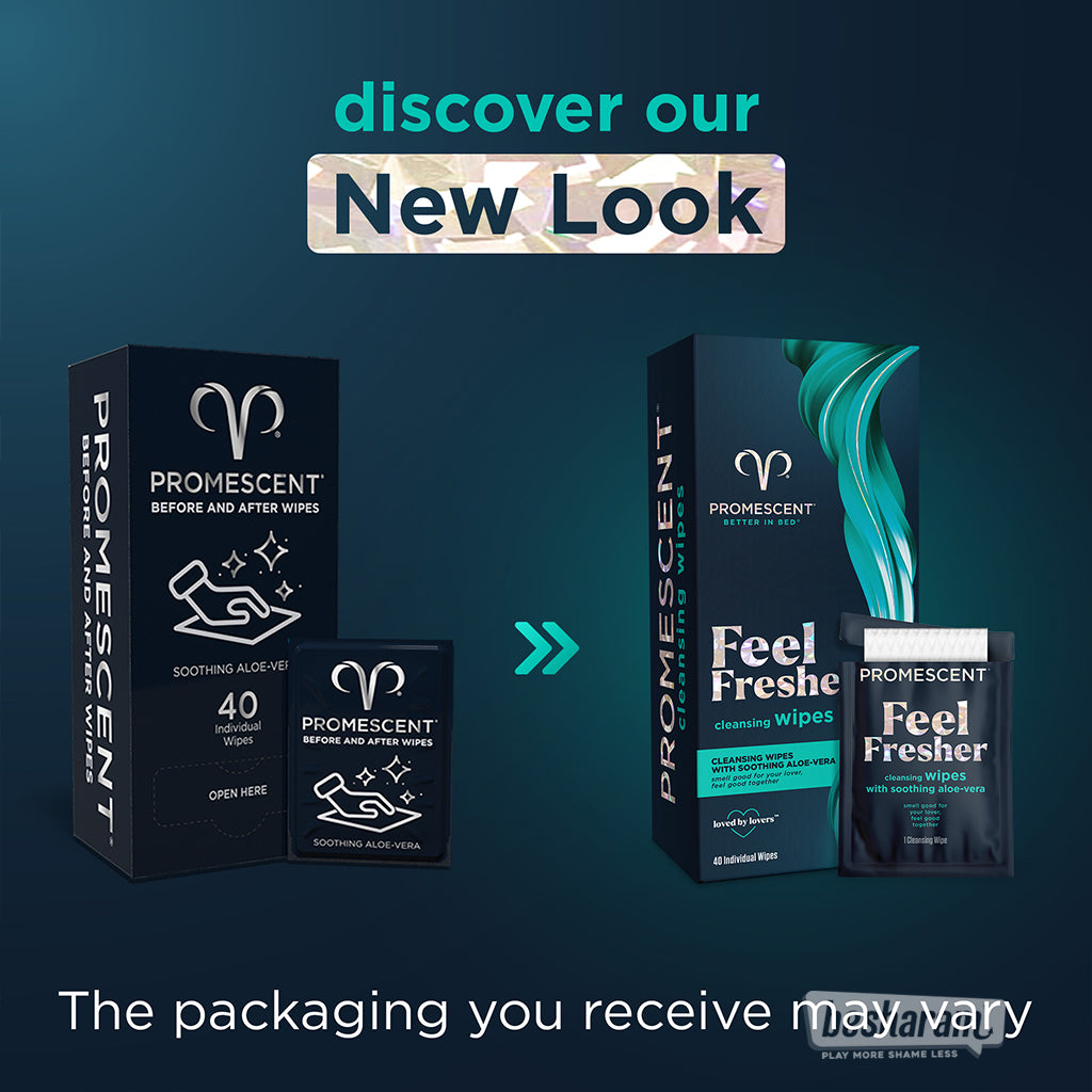 Graphic showing Promescent Before and After Wipes packaging updated to Feel Fresher cleansing wipes, with “packaging may vary” note.