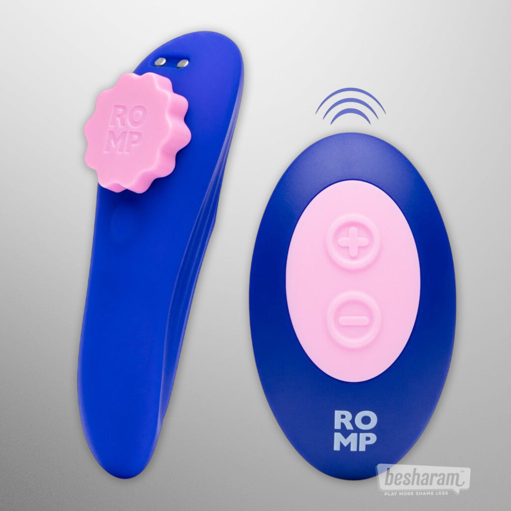 ROMP Party panty vibrator and wireless remote shown together in blue and pink