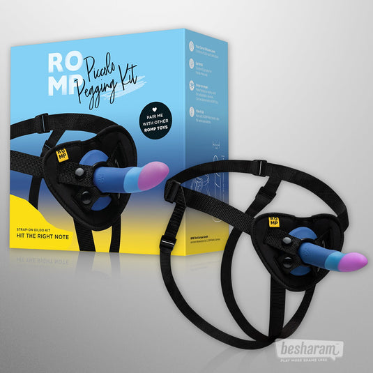 ROMP Piccolo pegging kit box with adjustable harness and strap on dildo