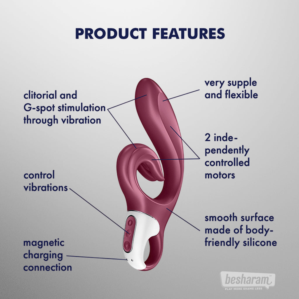 Feature diagram of Satisfyer Love Me rabbit vibrator showing dual motors, flexible tip, and magnetic charging