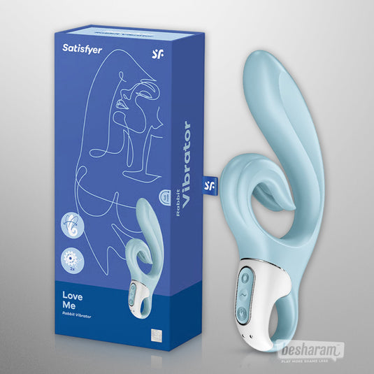 Satisfyer Love Me rabbit vibrator in light blue with retail box packaging