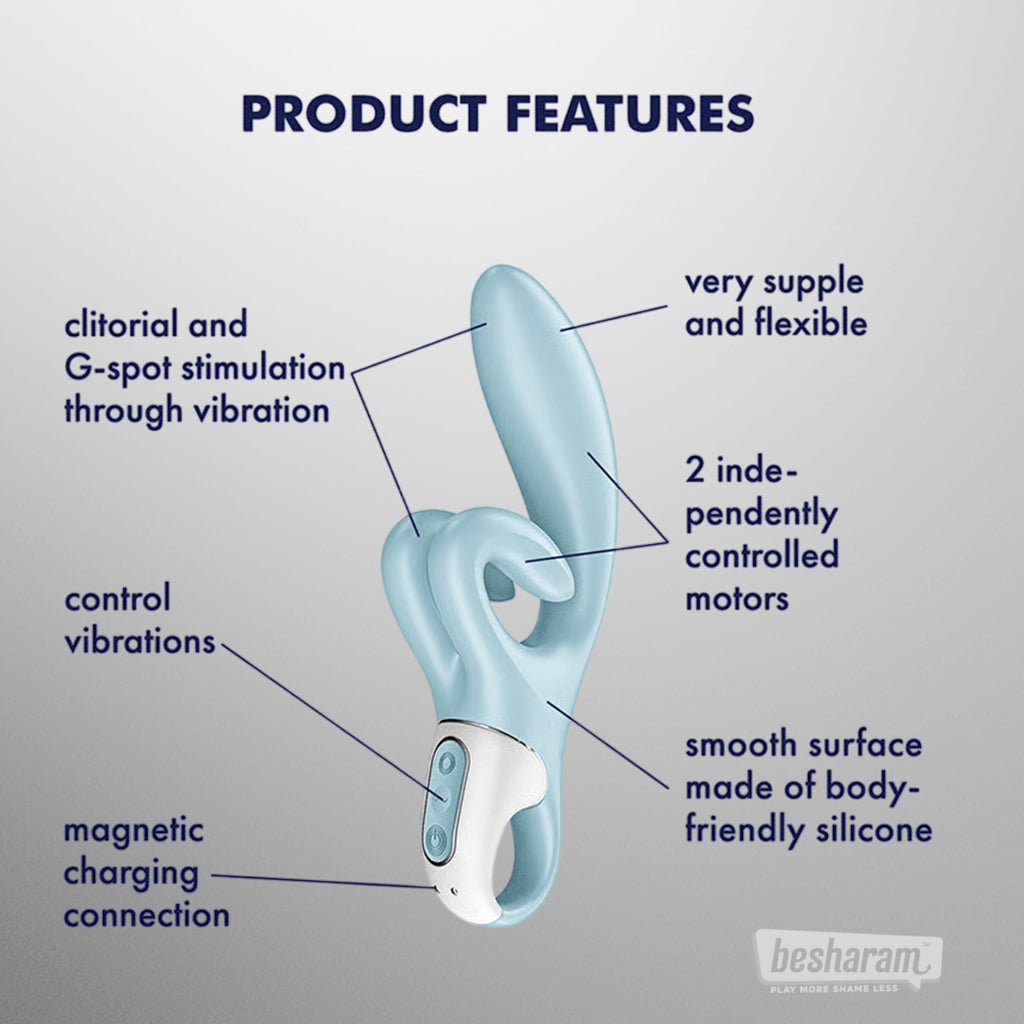 Feature diagram of Satisfyer Touch Me rabbit vibrator showing flexible tip, dual motors, and magnetic charging