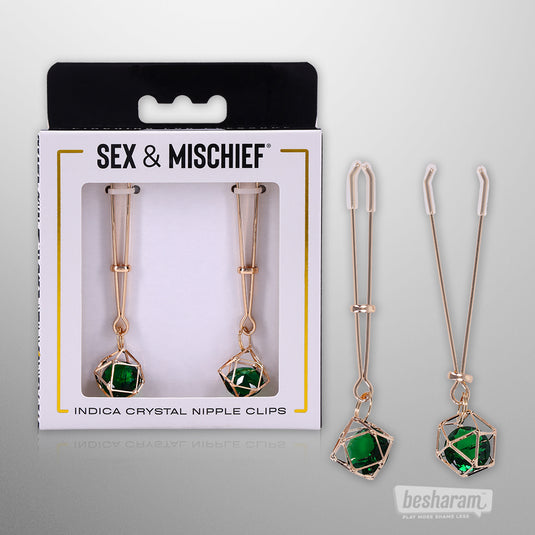 Sex & Mischief Indica crystal nipple clips shown in original retail packaging