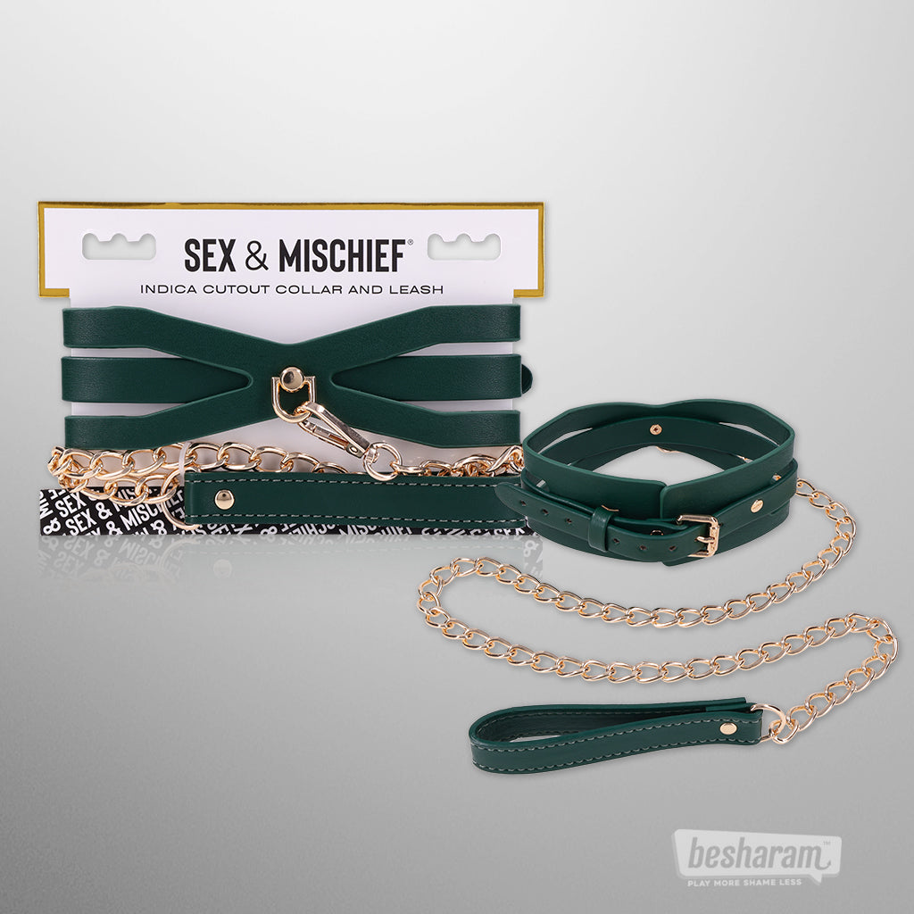 Sex & Mischief Indica cutout collar and leash set displayed in original packaging