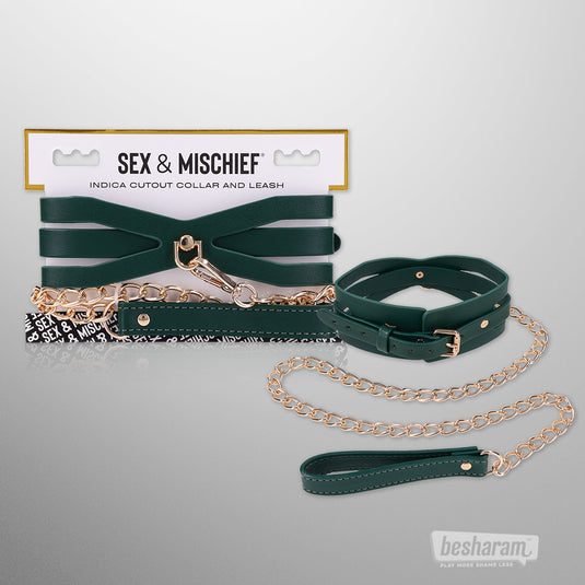 Sex & Mischief Indica cutout collar and leash set displayed in original packaging