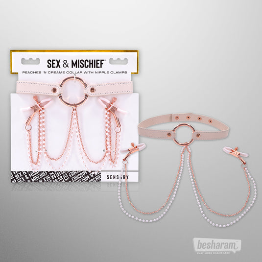 Sex & Mischief Peaches ’N’ Creme collar with nipple clamps shown in retail packaging