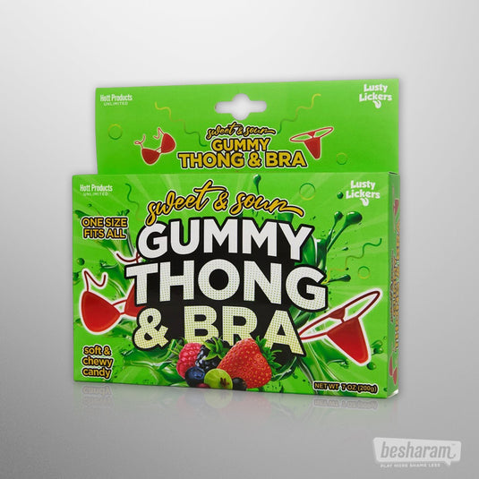 Sweet & Sour Gummy Thong & Bra edible lingerie set packaging – soft and chewy candy, one size fits all, Lusty Lickers by Hott Products.