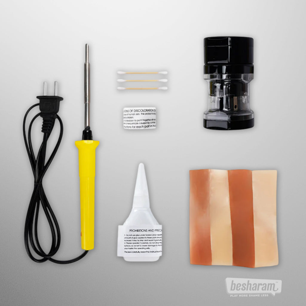 Tantaly sex doll repair kit contents laid out, including electric iron tool, glue bottle, TPE repair patches, cotton swabs, universal adapter, and instructions.