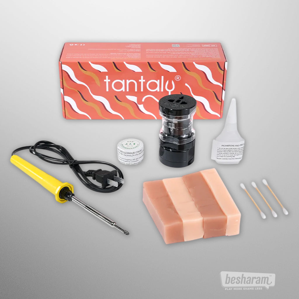 Tantaly TPE sex doll repair kit full set with branded box, portable electric iron, glue, discoloration cream, power adapter, TPE repair material, and cotton swabs.