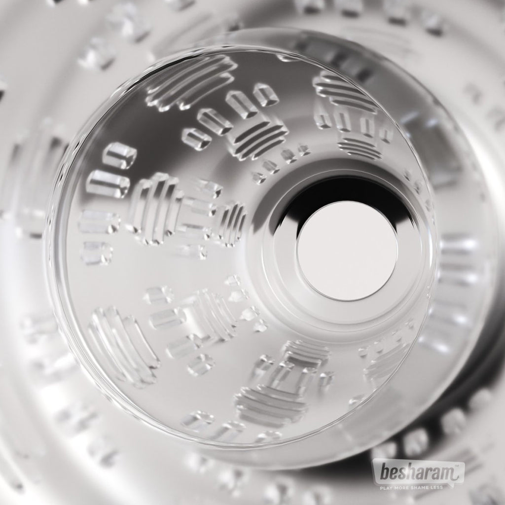 Textured clear hANDY male masturbator sleeve close up showing internal ribbed and dotted tunnel design, transparent silicone sleeve texture for enhanced stimulation and realistic feel