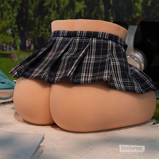 Rear view of torso sex doll styled with plaid skirt in lifestyle setting