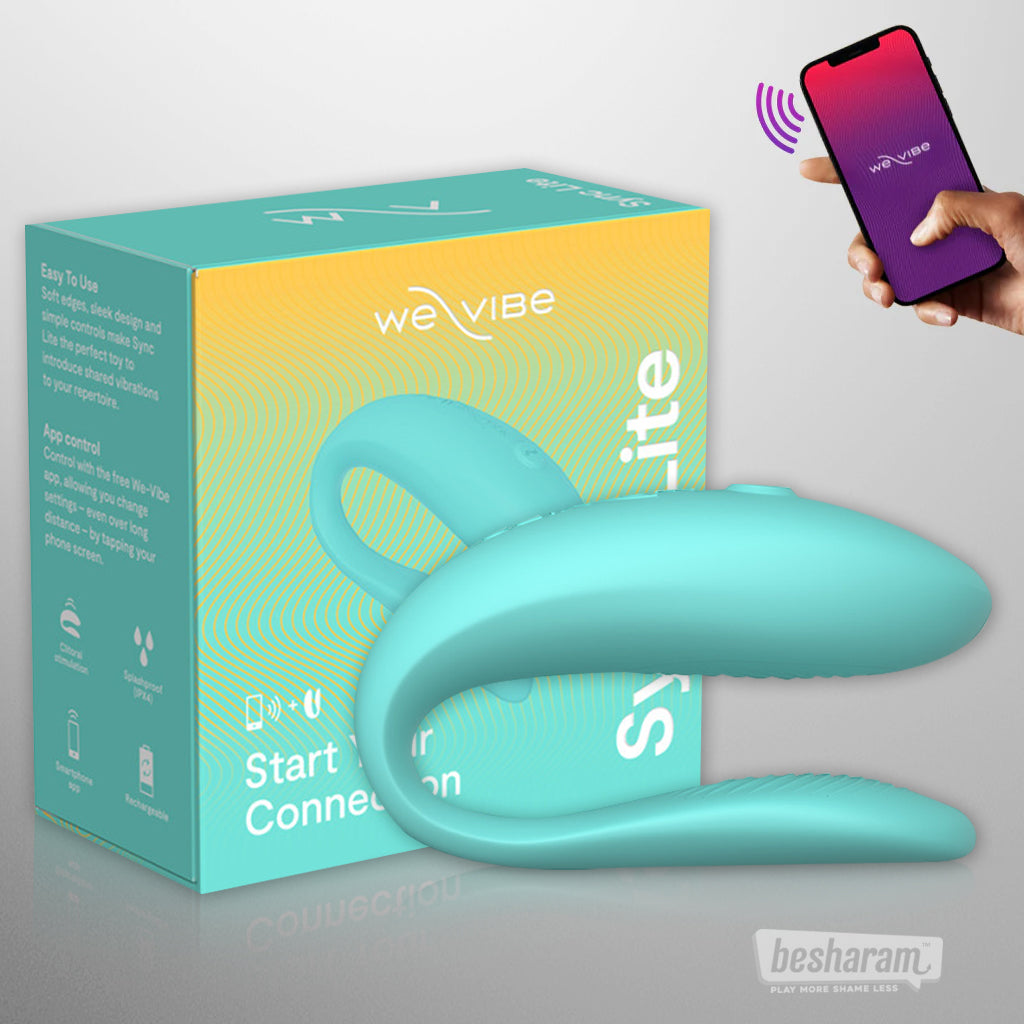We-Vibe Sync Lite turquoise app-controlled couples vibrator shown with retail box and smartphone app interface for remote control